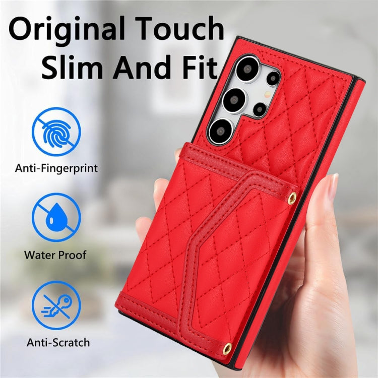 For Samsung Galaxy S24 Ultra 5G Splicing Rhombic Texture Card Bag Phone Case with Long Lanyard(Red) - HoMEdemic™ 