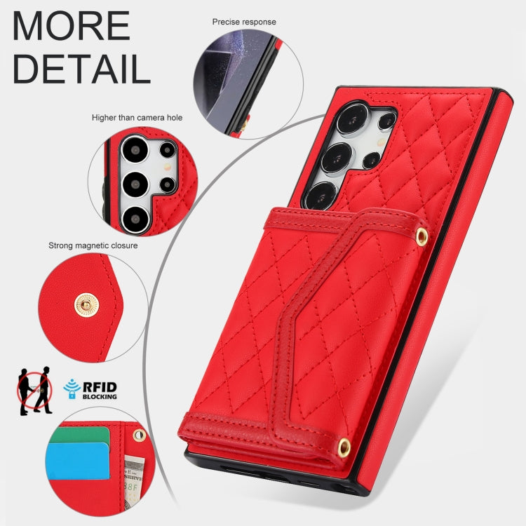 For Samsung Galaxy S24 Ultra 5G Splicing Rhombic Texture Card Bag Phone Case with Long Lanyard(Red) - HoMEdemic™ 