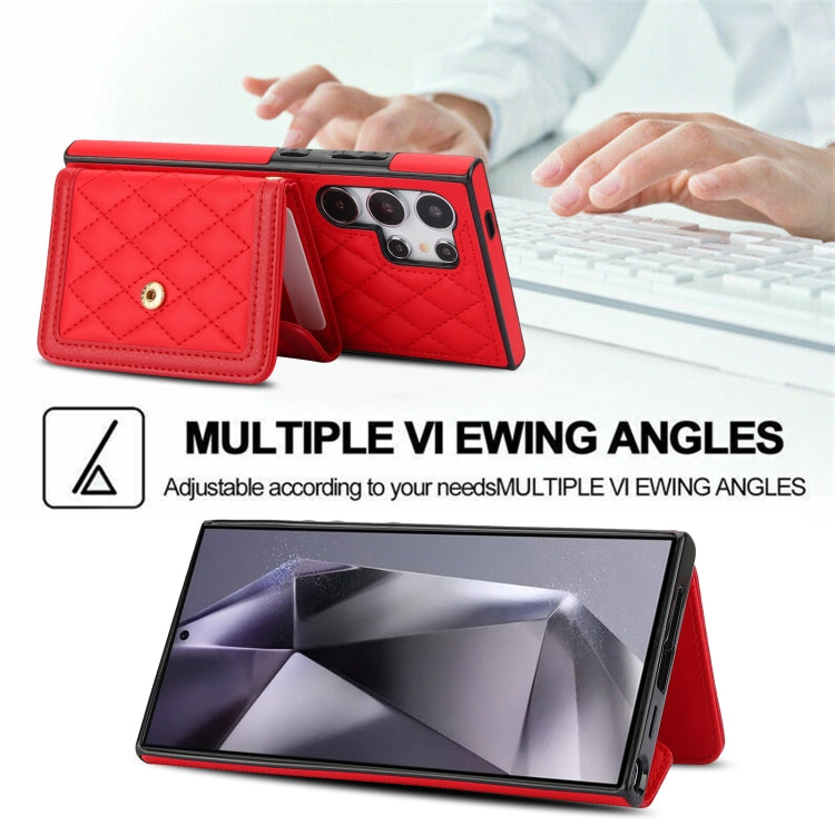 For Samsung Galaxy S24 Ultra 5G Splicing Rhombic Texture Card Bag Phone Case with Long Lanyard(Red) - HoMEdemic™ 