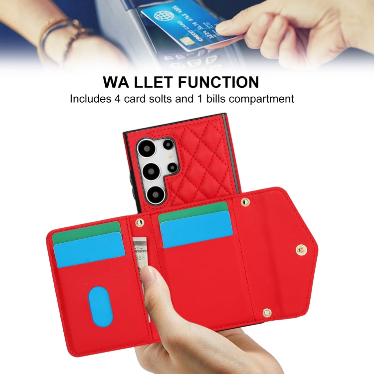 For Samsung Galaxy S24 Ultra 5G Splicing Rhombic Texture Card Bag Phone Case with Long Lanyard(Red) - HoMEdemic™ 