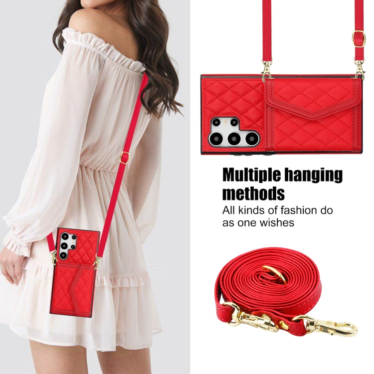 For Samsung Galaxy S24 Ultra 5G Splicing Rhombic Texture Card Bag Phone Case with Long Lanyard(Red) - HoMEdemic™ 