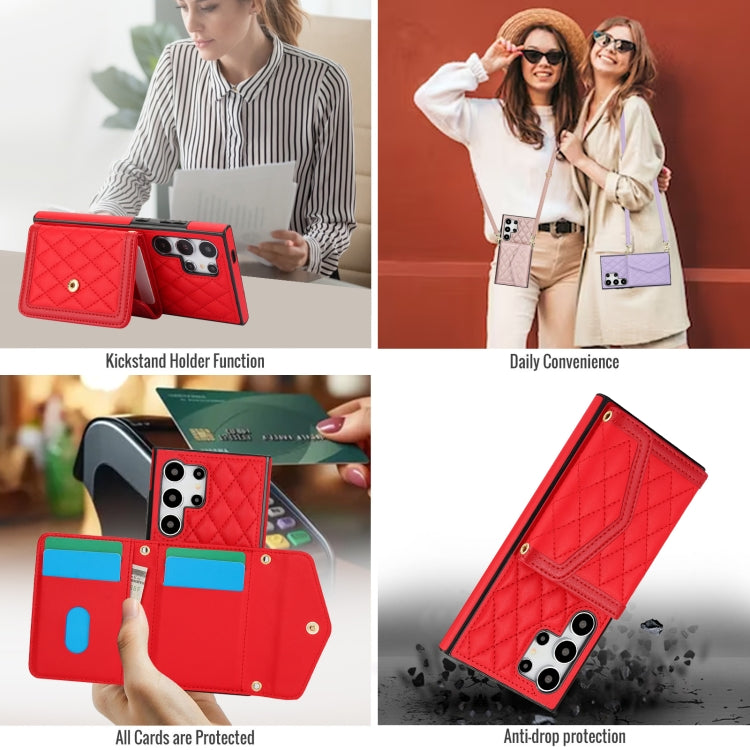 For Samsung Galaxy S24 Ultra 5G Splicing Rhombic Texture Card Bag Phone Case with Long Lanyard(Red) - HoMEdemic™ 