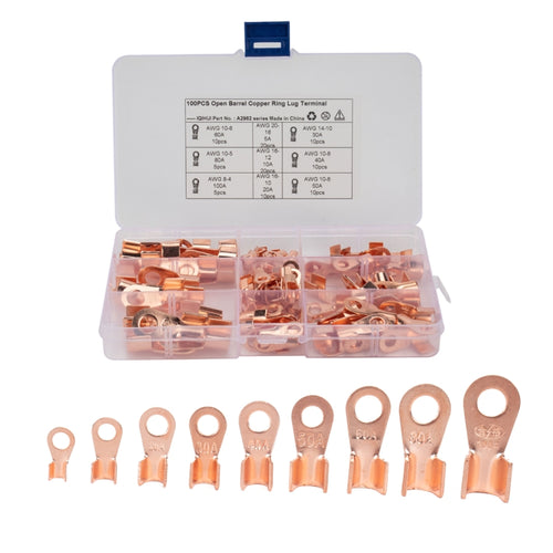 100 PCS Icstation Open Barrel Pure Copper Ring Lug Wire Crimp Terminals Assortment Kit - HoMEdemic™ 