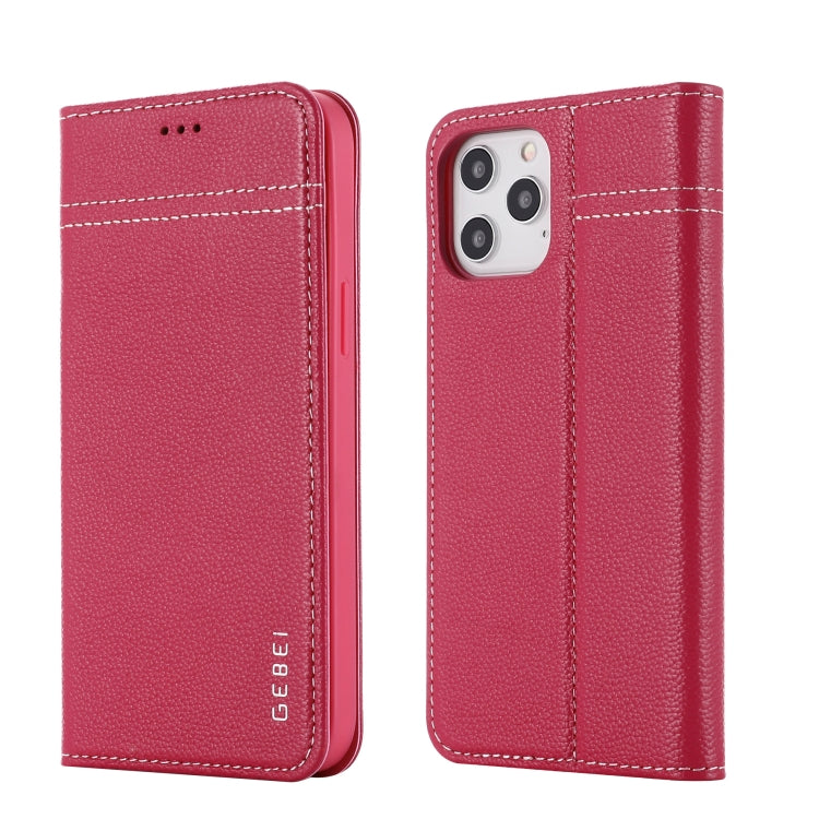 For iPhone 12 / 12 Pro GEBEI Top-grain Leather Horizontal Flip Protective Case with Holder & Card Slots(Rose Red) - HoMEdemic™ 