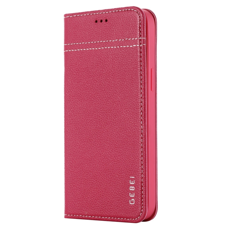 For iPhone 12 / 12 Pro GEBEI Top-grain Leather Horizontal Flip Protective Case with Holder & Card Slots(Rose Red) - HoMEdemic™ 
