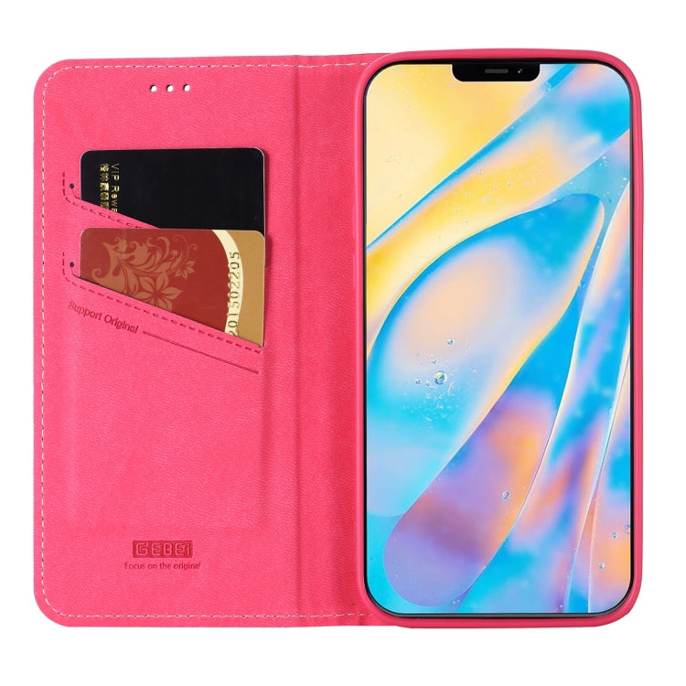For iPhone 12 / 12 Pro GEBEI Top-grain Leather Horizontal Flip Protective Case with Holder & Card Slots(Rose Red) - HoMEdemic™ 