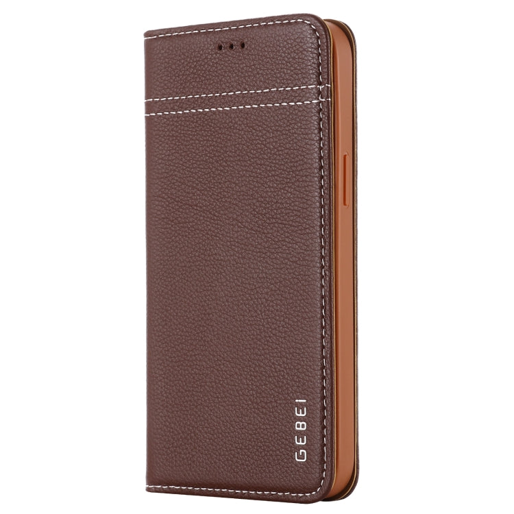 For iPhone 12 / 12 Pro GEBEI Top-grain Leather Horizontal Flip Protective Case with Holder & Card Slots(Brown) - HoMEdemic™ 