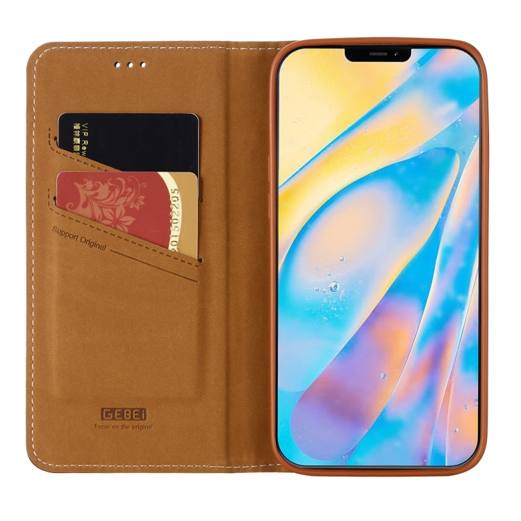 For iPhone 12 / 12 Pro GEBEI Top-grain Leather Horizontal Flip Protective Case with Holder & Card Slots(Brown) - HoMEdemic™ 