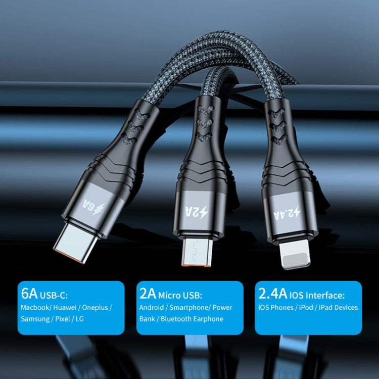 ENKAY 3-in-1 6A USB to Type-C / 8 Pin / Micro USB Multifunction Fast Charging Cable, Cable Length:2m(Grey) - HoMEdemic™ 