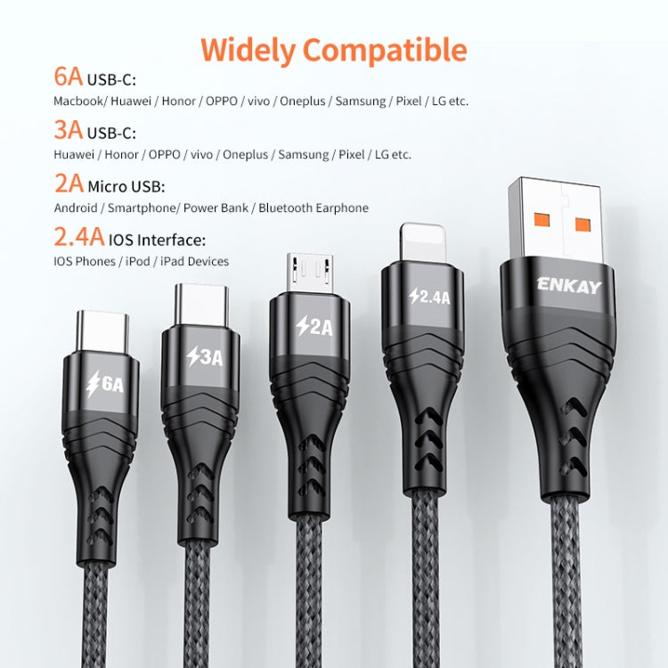 ENKAY 4-in-1 6A USB-A to Type-C / 8 Pin / Micro USB Multifunction Fast Charging Cable, Cable Length:2m(Black) - HoMEdemic™ 