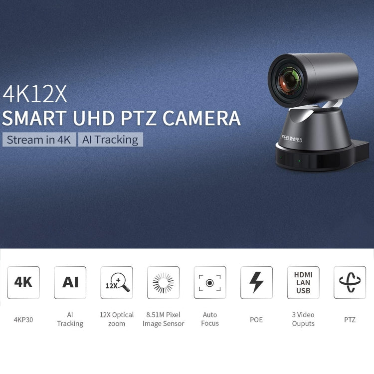 FEELWORLD 4K12X 4K PTZ Camera 12X Optical Zoom AI Tracking HDMI USB IP Remote Control(EU Plug) - HoMEdemic™ 