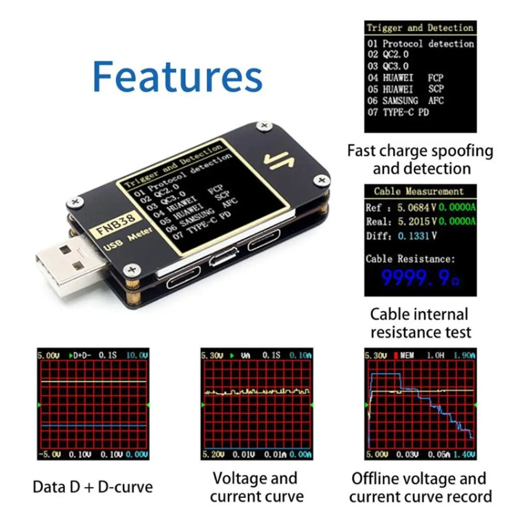 FNIRSI FNB38 USB Voltage And Current Meter Capacity Fast Charging Protocol Tester(Black) - HoMEdemic™ 