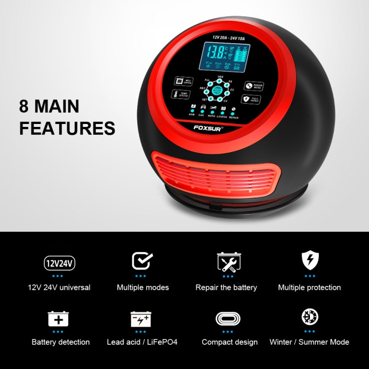 FOXSUR 20A 12V 24V Car / Motorcycle Smart Battery Charger, Plug Type:EU Plug(Red) - HoMEdemic™ 