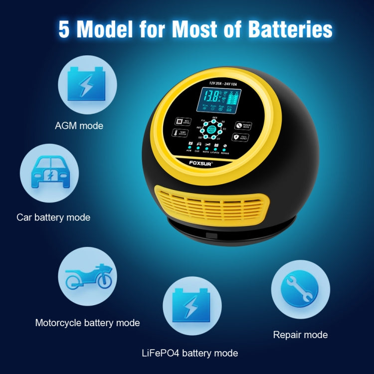 FOXSUR 20A 12V 24V Car / Motorcycle Smart Battery Charger, Plug Type:EU Plug(Yellow) - HoMEdemic™ 