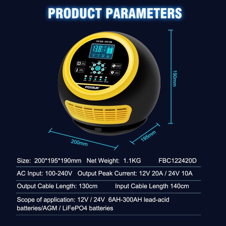 FOXSUR 20A 12V 24V Car / Motorcycle Smart Battery Charger, Plug Type:EU Plug(Yellow) - HoMEdemic™ 