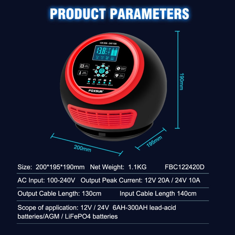FOXSUR 20A 12V 24V Car / Motorcycle Smart Battery Charger, Plug Type:UK Plug(Red) - HoMEdemic™ 