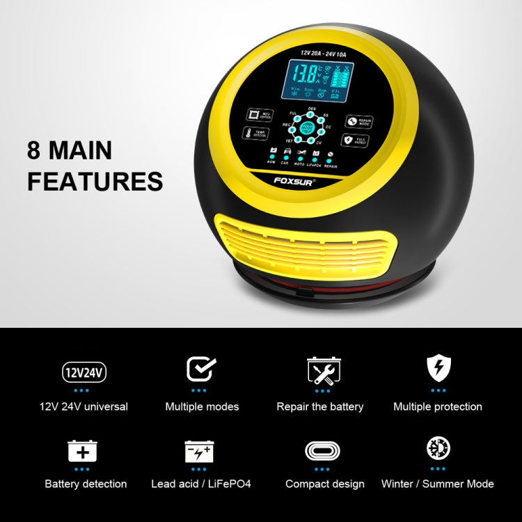 FOXSUR 20A 12V 24V Car / Motorcycle Smart Battery Charger, Plug Type:US Plug(Yellow) - HoMEdemic™ 