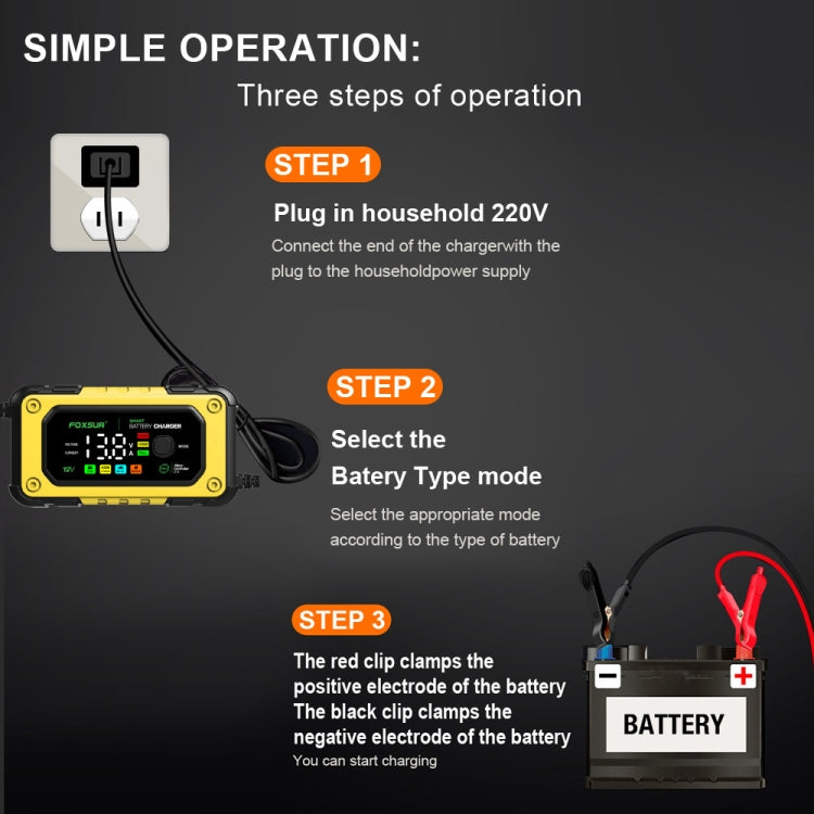 FOXSUR 7A 12V Car / Motorcycle Smart Battery Charger, Plug Type:UK Plug(Yellow) - HoMEdemic™ 