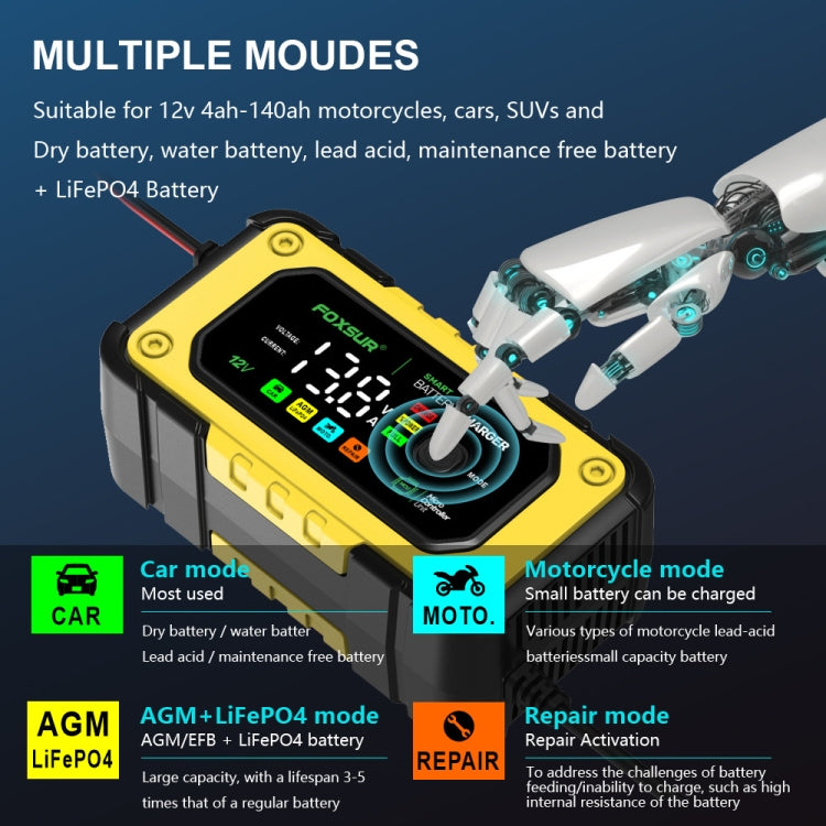 FOXSUR 7A 12V Car / Motorcycle Smart Battery Charger, Plug Type:US Plug(Yellow) - HoMEdemic™ 