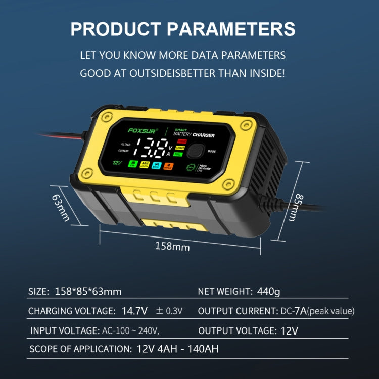 FOXSUR 7A 12V Car / Motorcycle Smart Battery Charger, Plug Type:US Plug(Yellow) - HoMEdemic™ 