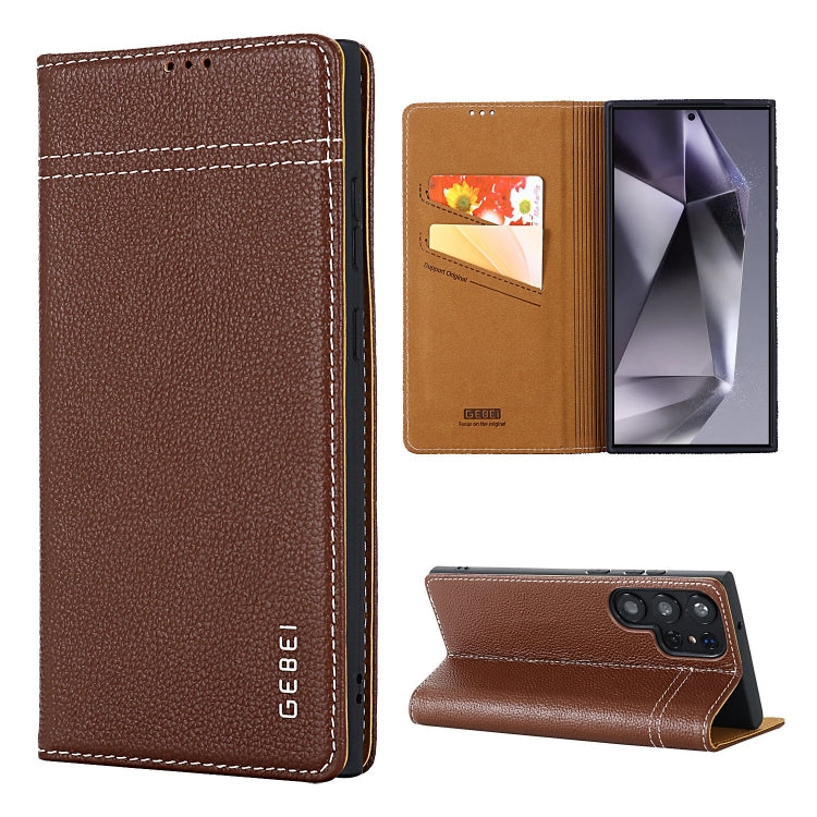 For Galaxy S24 Ultra 5G GEBEI Top-grain Horizontal Flip Leather Phone Case(Brown) - HoMEdemic™ 