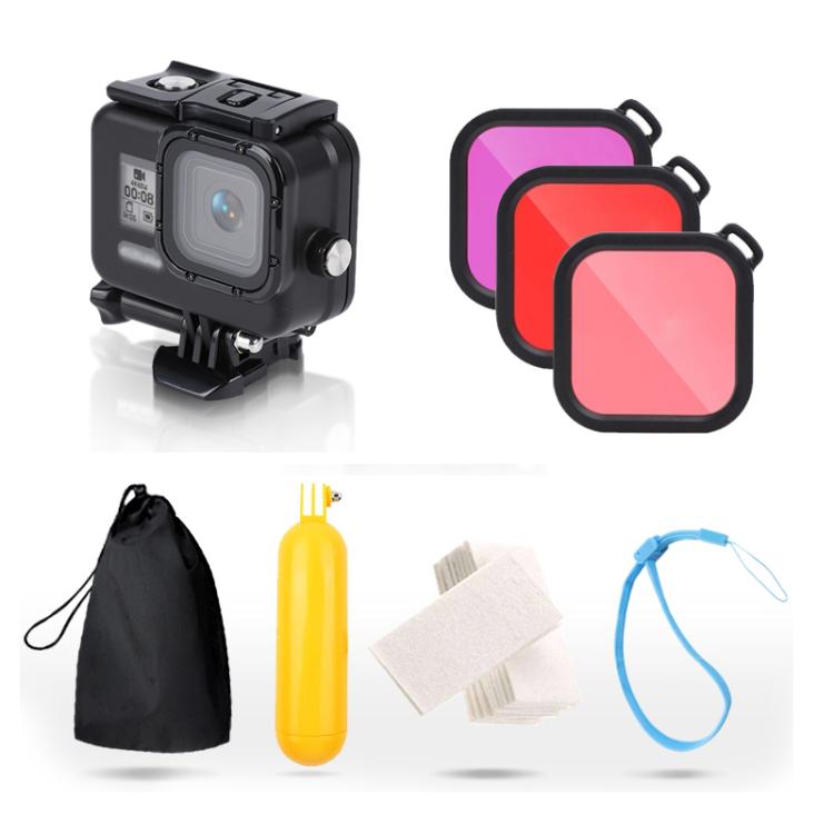 For GoPro HERO8 Black 45m Waterproof Housing Protective Case with Buckle Basic Mount & Screw & (Purple, Red, Pink) Filters & Floating Bobber Grip & Strap & Anti-Fog Inserts (Black) - HoMEdemic™ 