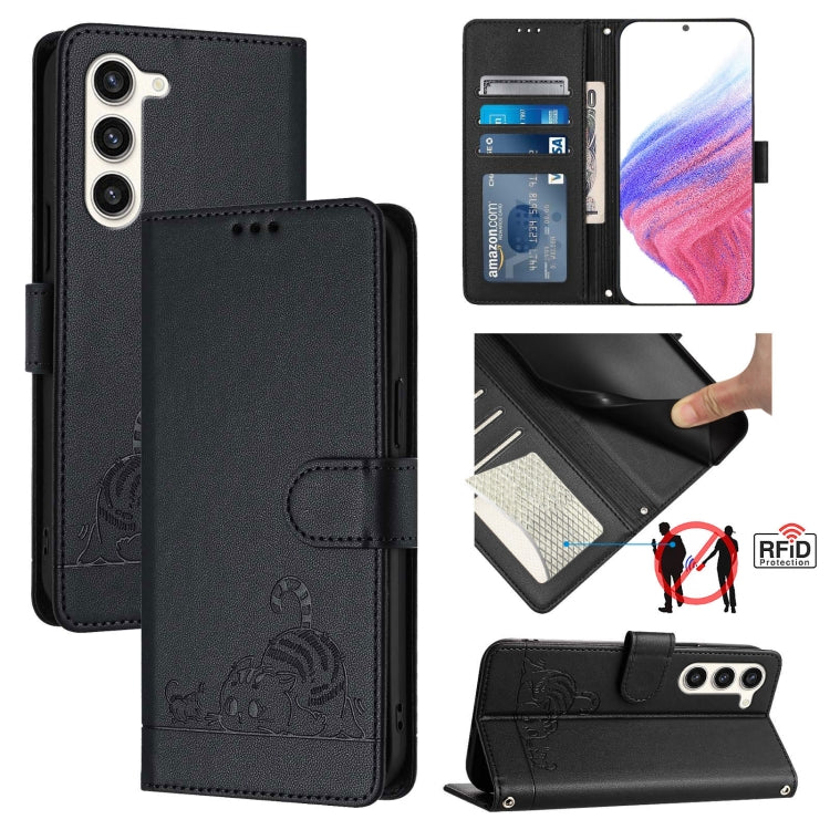 For Samsung Galax S23+ 5G Cat Rat Embossed Pattern RFID PU Phone Case with Wrist Strap(Black) - HoMEdemic™ 