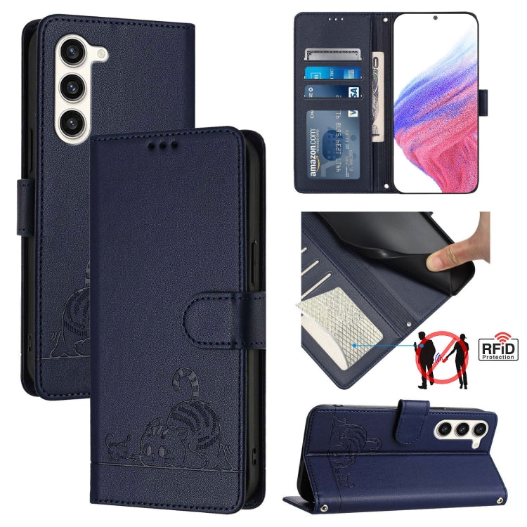 For Samsung Galax S23+ 5G Cat Rat Embossed Pattern RFID PU Phone Case with Wrist Strap(Blue) - HoMEdemic™ 