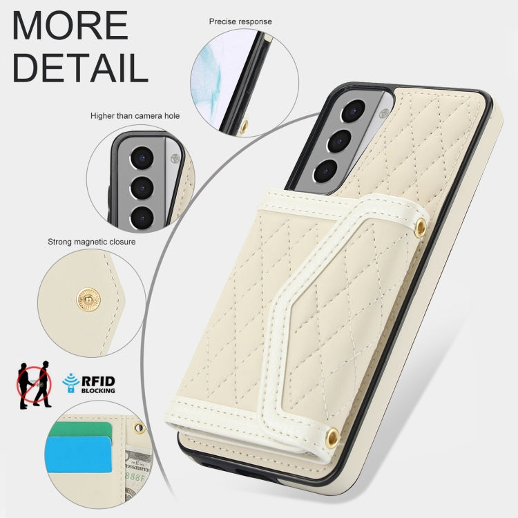 For Samsung Galaxy S21 5G Splicing Rhombic Texture Card Bag Phone Case with Long Lanyard(Beige) - HoMEdemic™ 