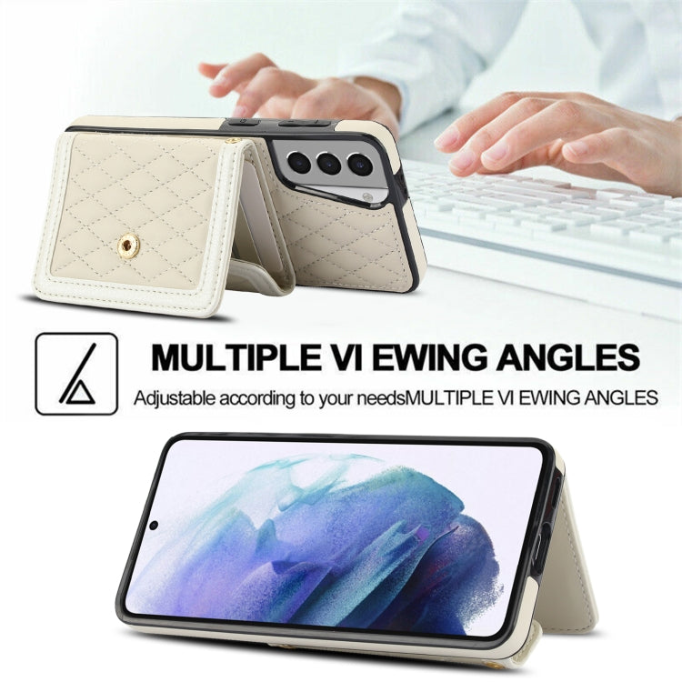 For Samsung Galaxy S21 5G Splicing Rhombic Texture Card Bag Phone Case with Long Lanyard(Beige) - HoMEdemic™ 