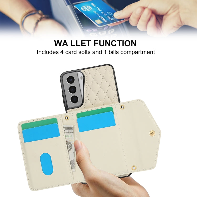 For Samsung Galaxy S21 5G Splicing Rhombic Texture Card Bag Phone Case with Long Lanyard(Beige) - HoMEdemic™ 