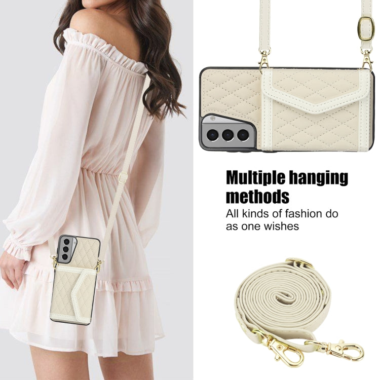 For Samsung Galaxy S21 5G Splicing Rhombic Texture Card Bag Phone Case with Long Lanyard(Beige) - HoMEdemic™ 