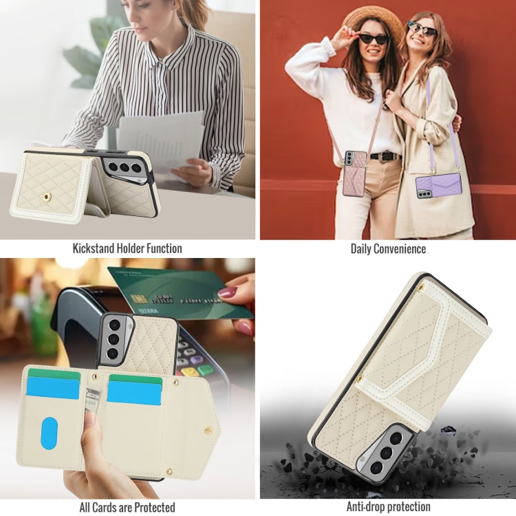 For Samsung Galaxy S21 5G Splicing Rhombic Texture Card Bag Phone Case with Long Lanyard(Beige) - HoMEdemic™ 