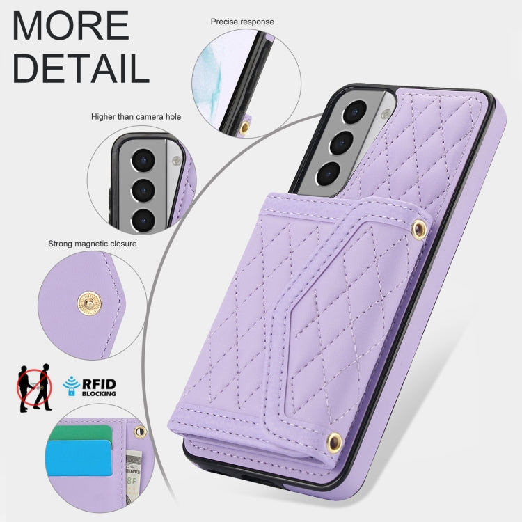 For Samsung Galaxy S21+ 5G Splicing Rhombic Texture Card Bag Phone Case with Long Lanyard(Purple) - HoMEdemic™ 