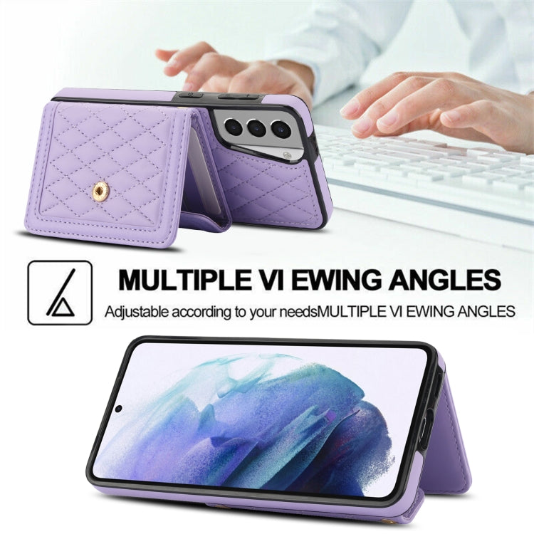 For Samsung Galaxy S21+ 5G Splicing Rhombic Texture Card Bag Phone Case with Long Lanyard(Purple) - HoMEdemic™ 