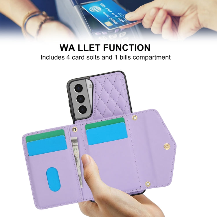 For Samsung Galaxy S21+ 5G Splicing Rhombic Texture Card Bag Phone Case with Long Lanyard(Purple) - HoMEdemic™ 