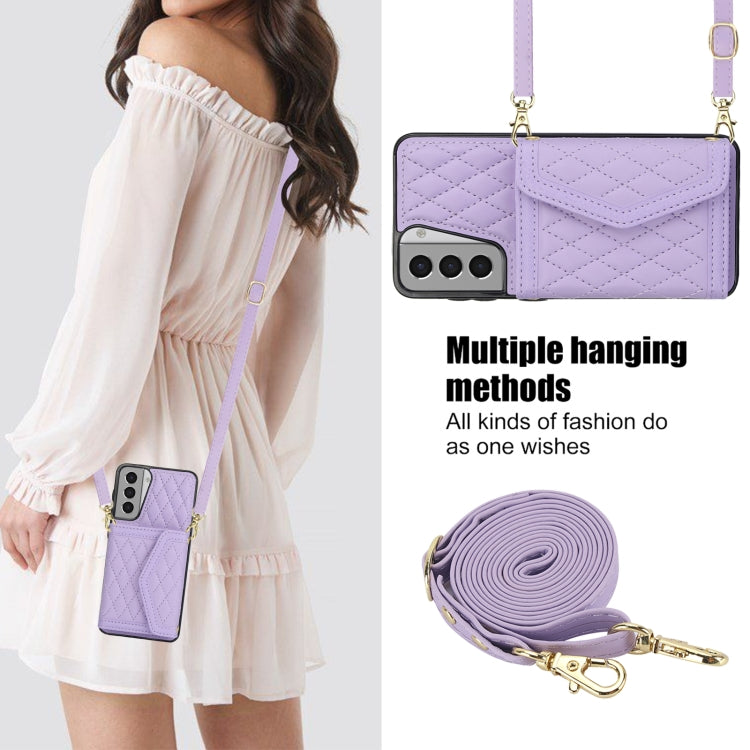 For Samsung Galaxy S21+ 5G Splicing Rhombic Texture Card Bag Phone Case with Long Lanyard(Purple) - HoMEdemic™ 