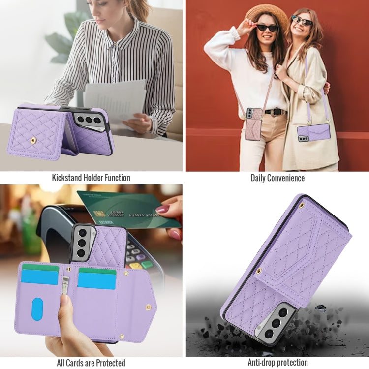 For Samsung Galaxy S21+ 5G Splicing Rhombic Texture Card Bag Phone Case with Long Lanyard(Purple) - HoMEdemic™ 