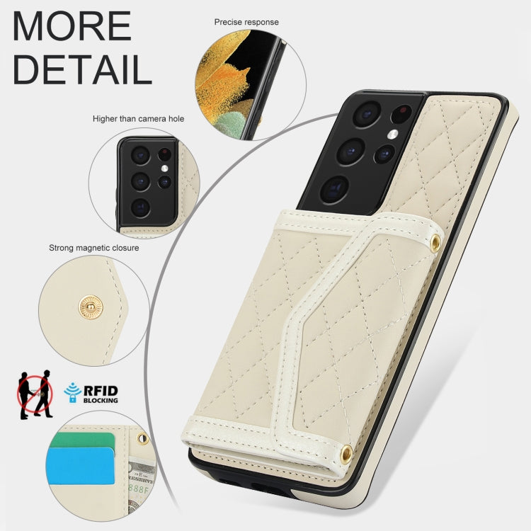 For Samsung Galaxy S21 Ultra 5G Splicing Rhombic Texture Card Bag Phone Case with Long Lanyard(Beige) - HoMEdemic™ 