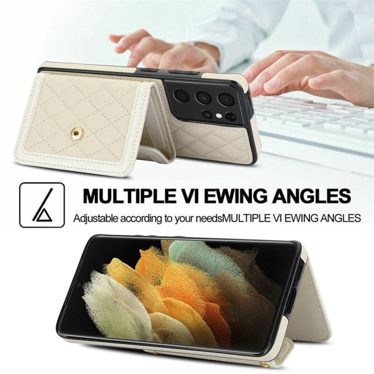 For Samsung Galaxy S21 Ultra 5G Splicing Rhombic Texture Card Bag Phone Case with Long Lanyard(Beige) - HoMEdemic™ 