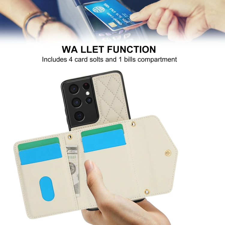 For Samsung Galaxy S21 Ultra 5G Splicing Rhombic Texture Card Bag Phone Case with Long Lanyard(Beige) - HoMEdemic™ 