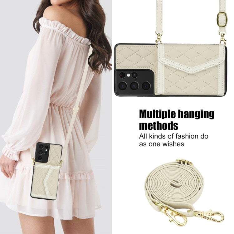 For Samsung Galaxy S21 Ultra 5G Splicing Rhombic Texture Card Bag Phone Case with Long Lanyard(Beige) - HoMEdemic™ 