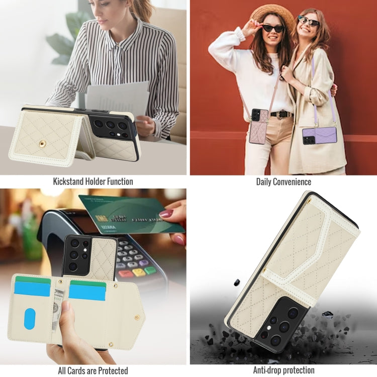 For Samsung Galaxy S21 Ultra 5G Splicing Rhombic Texture Card Bag Phone Case with Long Lanyard(Beige) - HoMEdemic™ 