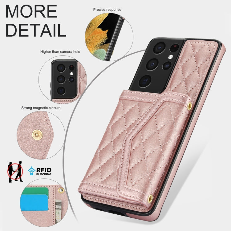 For Samsung Galaxy S21 Ultra 5G Splicing Rhombic Texture Card Bag Phone Case with Long Lanyard(Rose Gold) - HoMEdemic™ 