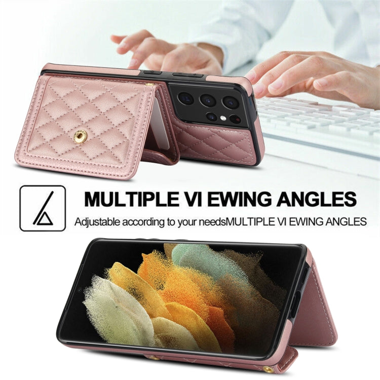 For Samsung Galaxy S21 Ultra 5G Splicing Rhombic Texture Card Bag Phone Case with Long Lanyard(Rose Gold) - HoMEdemic™ 