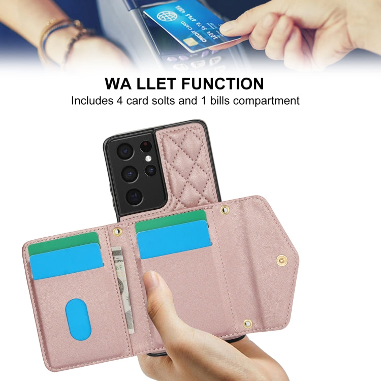 For Samsung Galaxy S21 Ultra 5G Splicing Rhombic Texture Card Bag Phone Case with Long Lanyard(Rose Gold) - HoMEdemic™ 