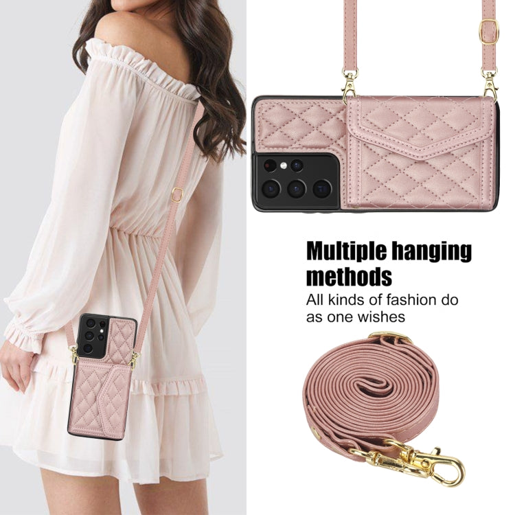 For Samsung Galaxy S21 Ultra 5G Splicing Rhombic Texture Card Bag Phone Case with Long Lanyard(Rose Gold) - HoMEdemic™ 
