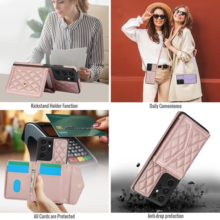 For Samsung Galaxy S21 Ultra 5G Splicing Rhombic Texture Card Bag Phone Case with Long Lanyard(Rose Gold) - HoMEdemic™ 
