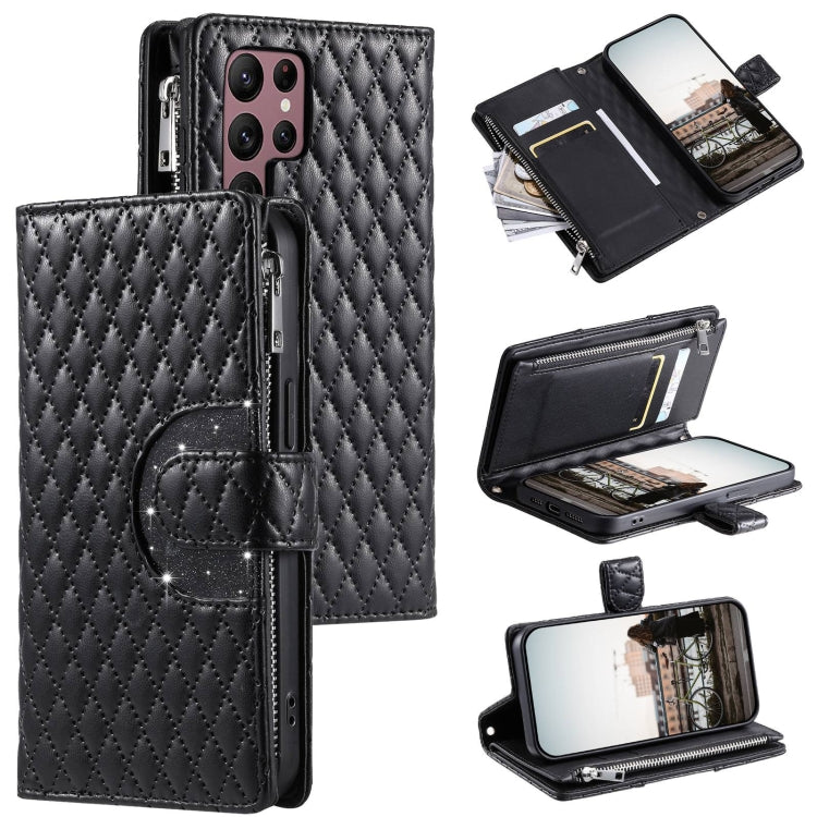 For Samsung Galaxy S22 Ultra 5G Glitter Lattice Zipper Wallet Leather Phone Case(Black) - HoMEdemic™ 