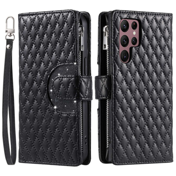For Samsung Galaxy S22 Ultra 5G Glitter Lattice Zipper Wallet Leather Phone Case(Black) - HoMEdemic™ 